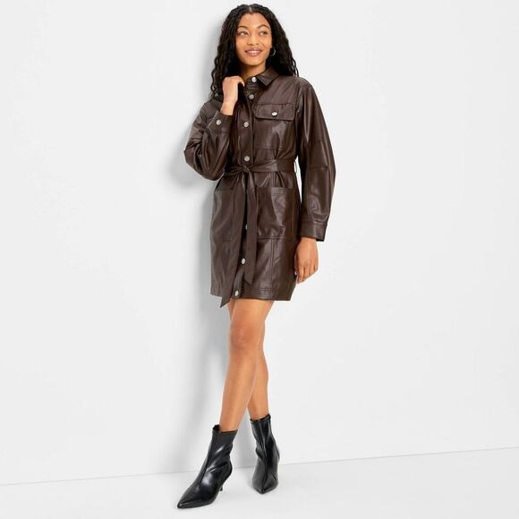 Future Collective - Women's Long Sleeve Faux Leather Mini Shirtdress - Brown - Picture 3 of 3